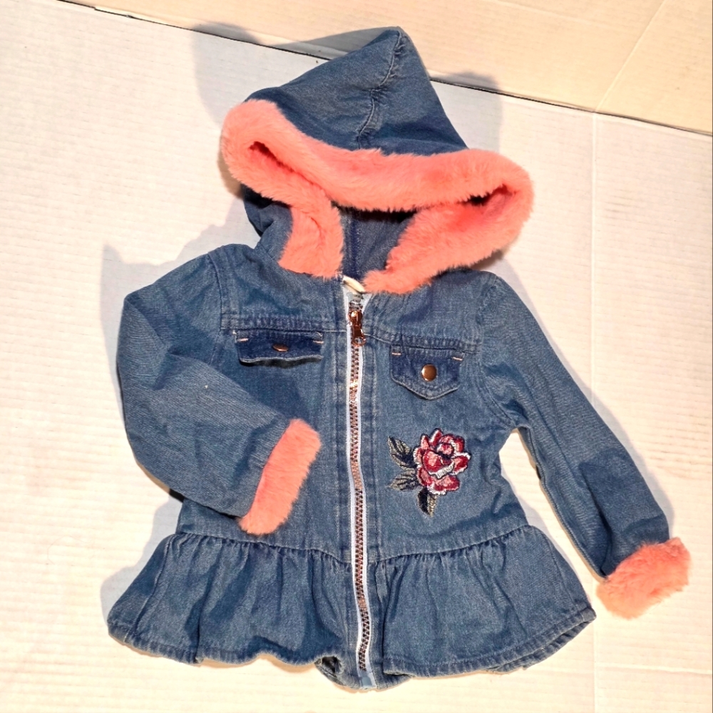 Daisy Fuentes Toddler Jean Jacket Size 18 Monthes Pink Faux Fur Trim Zip Up